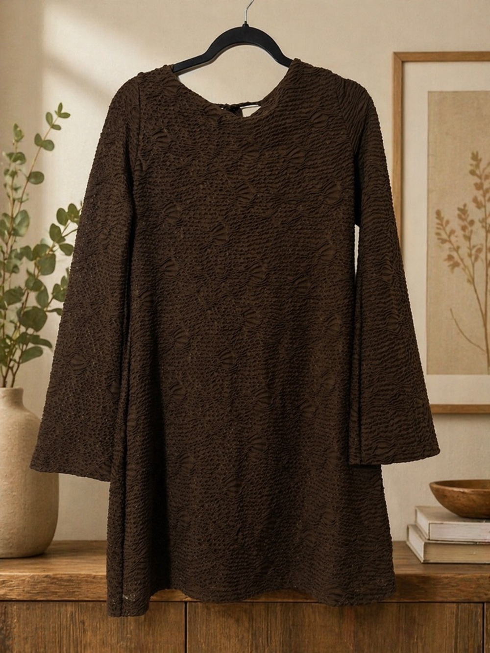 Brown Textured Long-Sleeve A-Line Dress